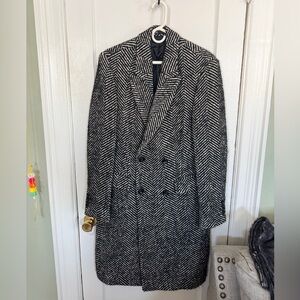 Zara Men’s Black & White Herringbone Wool-Blend Double-Breasted Coat NWOT Large